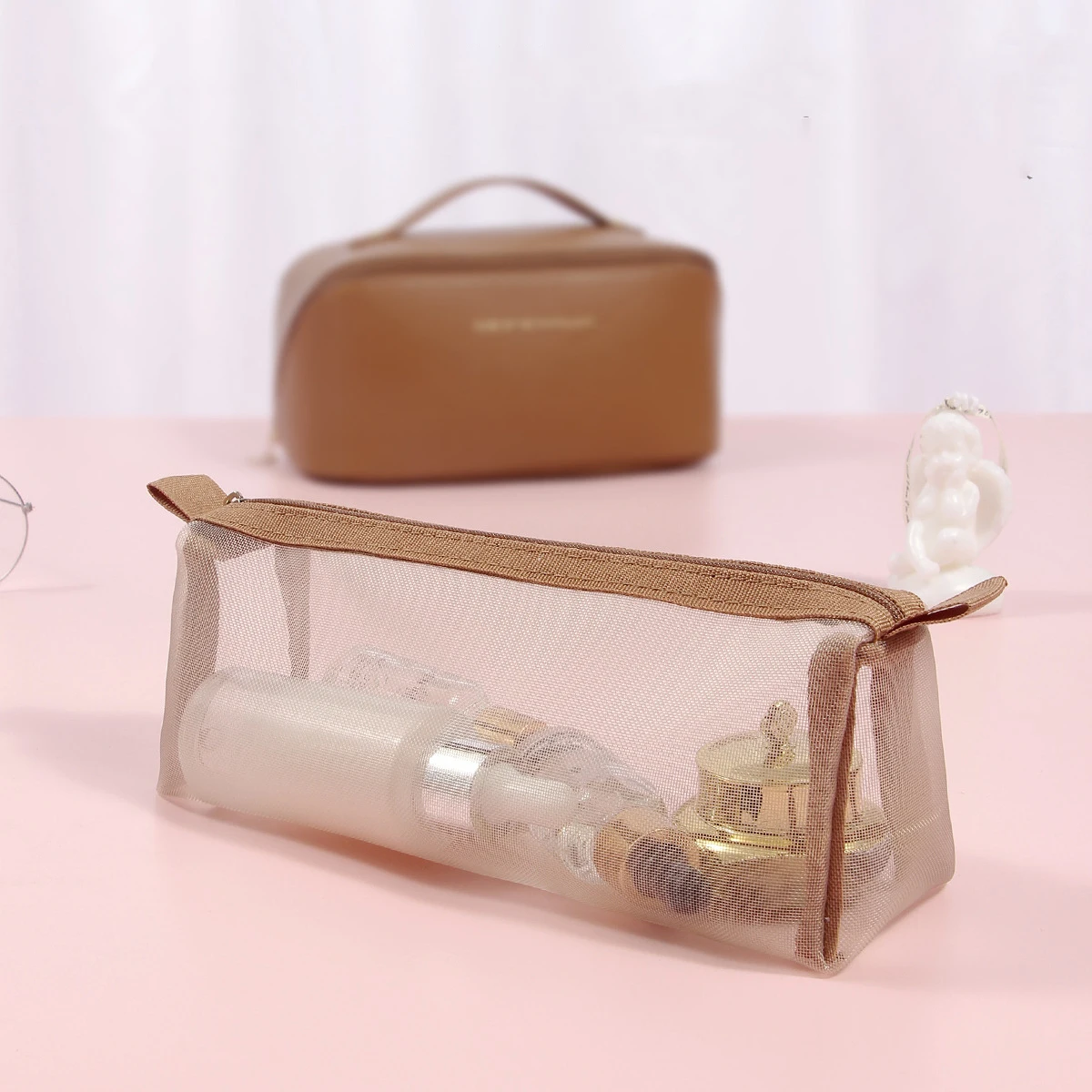 New Makeup Bag Convenient Travel Waterproof PU Leather Easy Carry Large Capacity Cosmetic Bags Two Piece Set