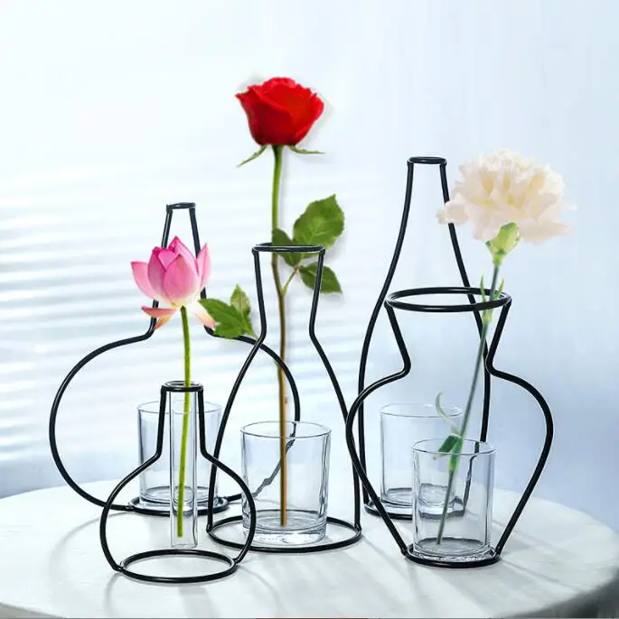 Горячая распродажа набор из 3 предметов креативная Настольная Ваза Проволочной стеклянной трубки металлическая ваза со чашкой черная железная для центральной части