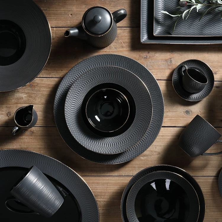  Top Choice Event Black Dinner Set Plates Ceramic P&T Porcelain Tableware Customized Private