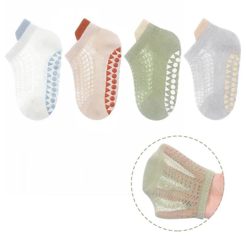 Cotton anti slip baby trampoline socks baby and toddler floor socks 4-pair set of glue mesh boat socks