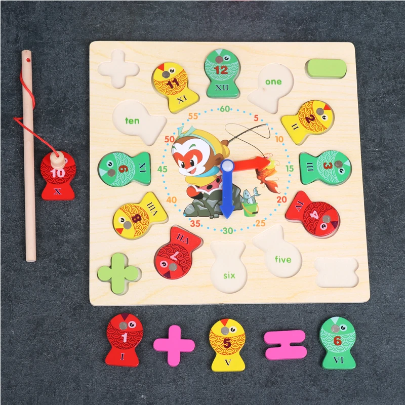 Children Digital Beaded Clock Wooden Fishing Alarm Clock Puzzle Improves Awareness Education Toy Learning Toys For Kids
