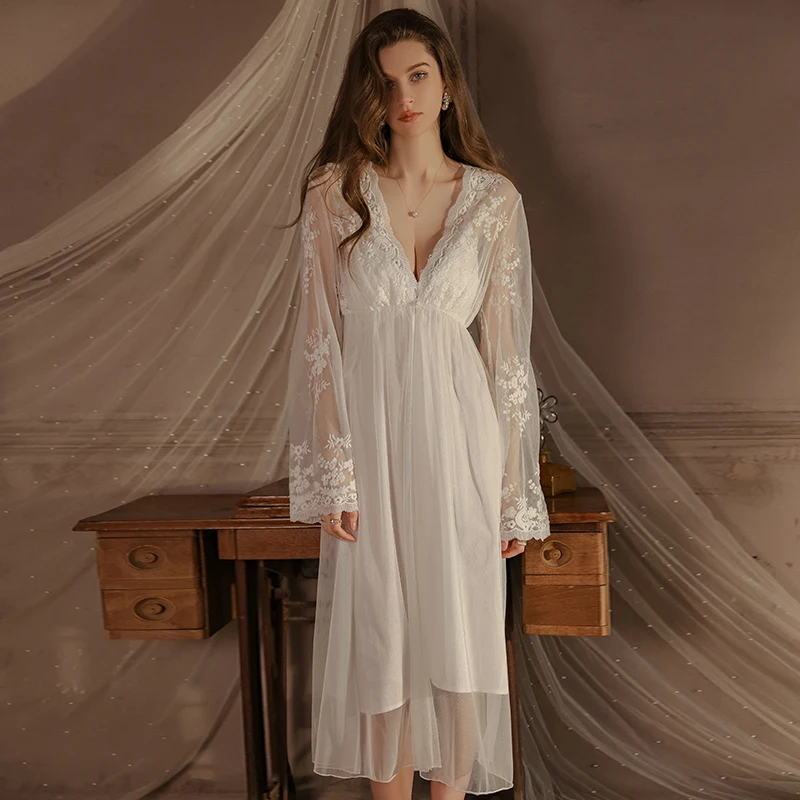 Meriga Fashion Ladies Home Clothing Suit XXL Size a Version Long Nightgown With Lace Stitching Deep V Temptation Mesh Robe 4386