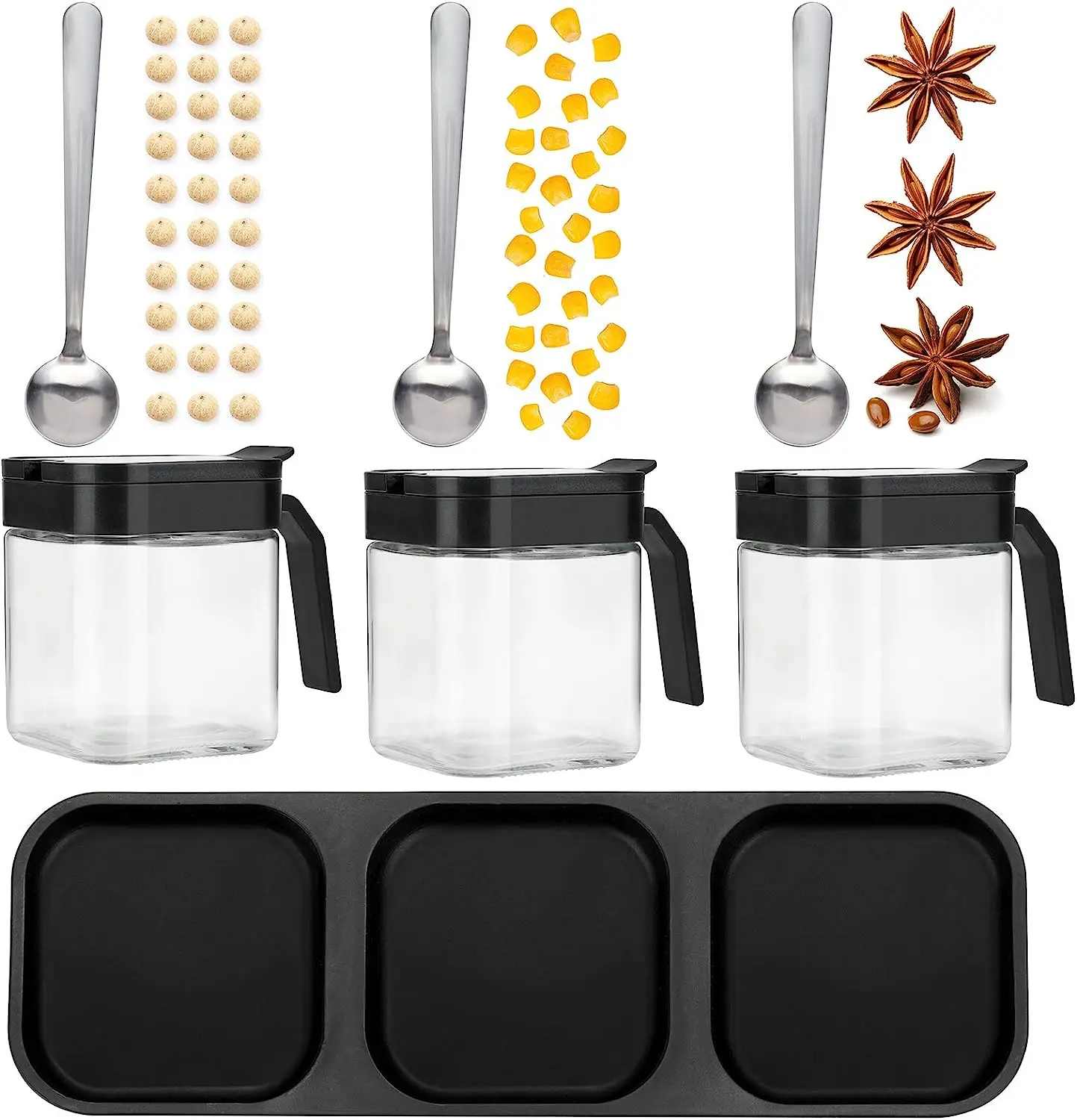 Condiment Jar Spice Container with Lids and Spoons 8oz Clear Glass Condiment Canisters Pots Seasoning Box Salt Container Sugar