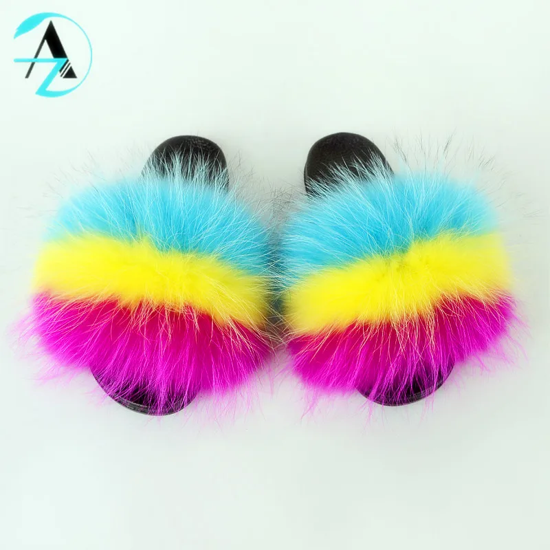 
Best Selling Comfort Fluffy Full Coverage Bedroom Fur Raccoon Slippers Soft Real Fox Fur Furry Slides For Women 