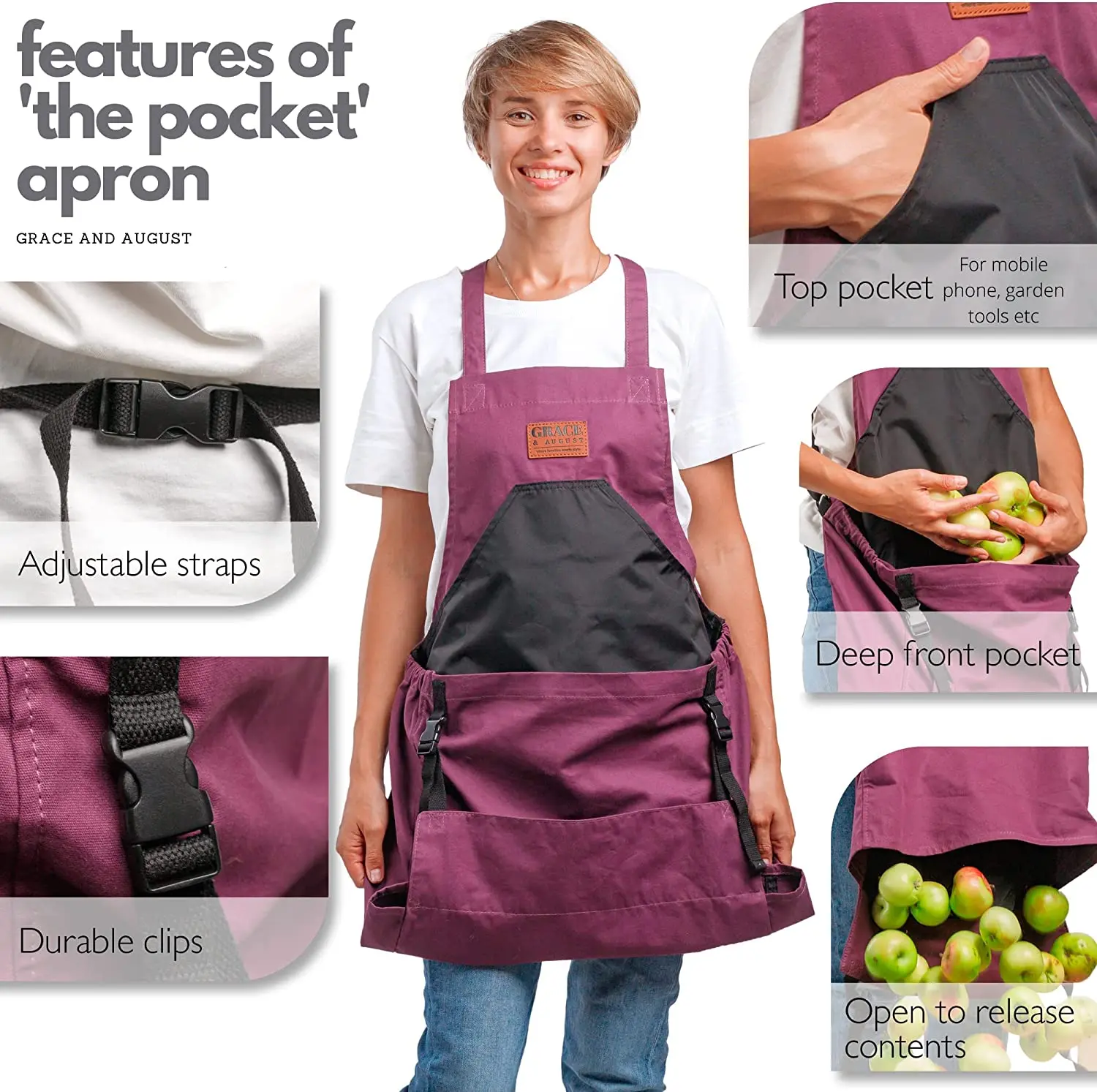 Strong Canvas Gardening fruit apron with pockets for women & men with harvest pouch and crossback straps