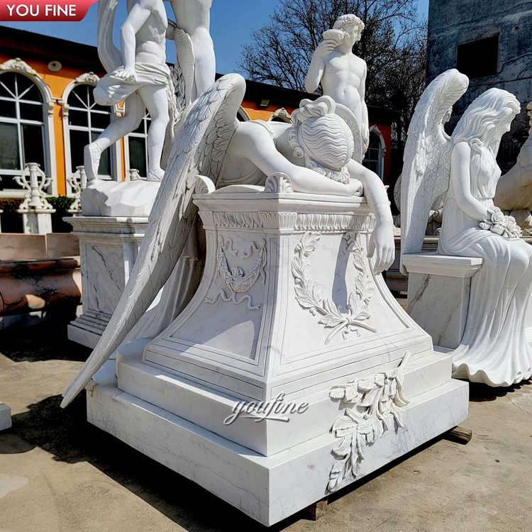 Outdoor Life Size White Angel Marble Gravestone