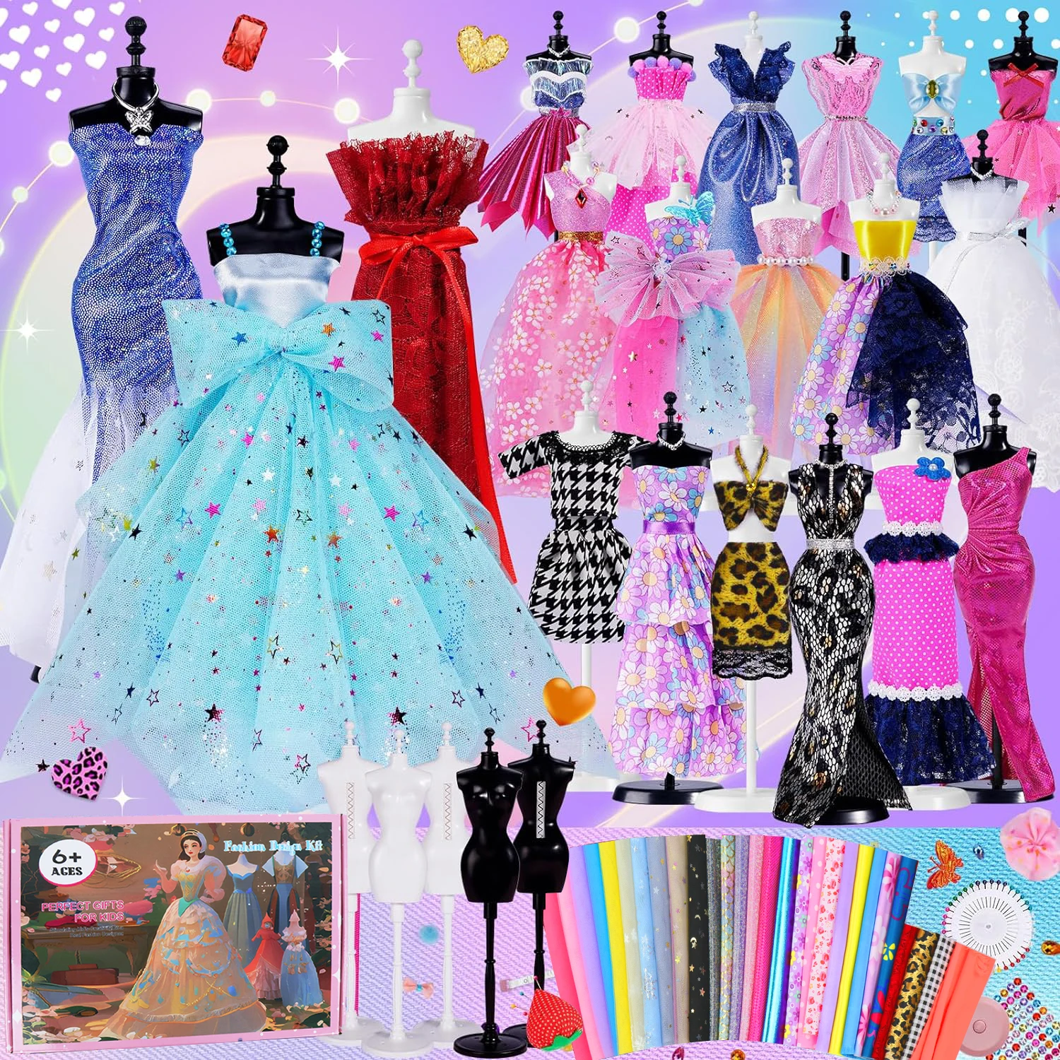 Fuyu 500pcs+Fashion Designer Kits for Girls Ages 6+ Kids Sewing Kits Arts & Crafts Set Doll Clothes Making Learn to Sew Gifts