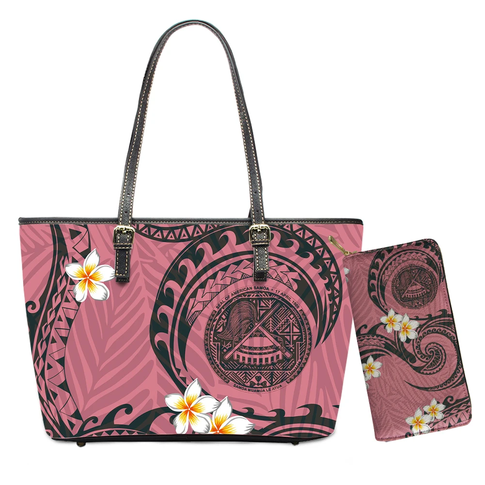 
2021 Latest Polynesian Tribal Flower Mix Desiner Printing Leather Purses And Wallet Wholesale Customize Logo/Name/Text Handbag 