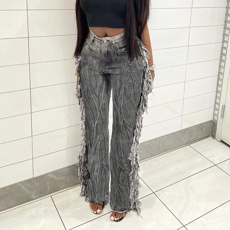 Fashion Gray Tie Dye Fringe Denim Pants Hight Waist Wide Leg Baggy Trousers Side Tassel Long Jeans Fall Winter Fringed Jeans