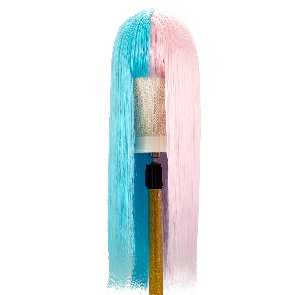 Half Blue and Pink Straight Long Wigs Middle Part Heat Resistant Fiber Hair Synthetic Wig for Women Cosplay Halloween Use