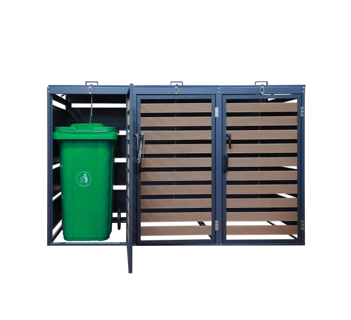 outdoor used furniture customized wooden effects trash bin cabinet 240L steel KD Structure 1 doors garbage bin cover box