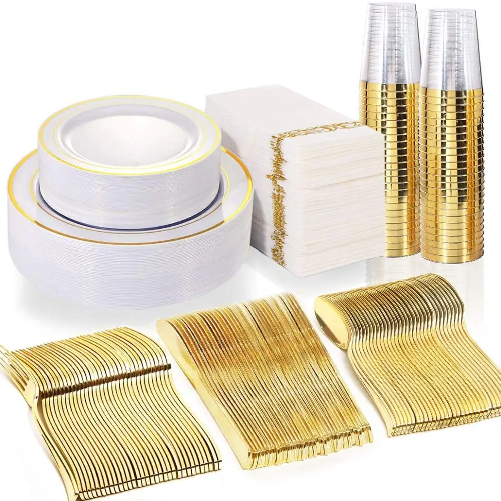 Gold Plastic Plates with Disposable Cutlery, Cups, Napkins Dinnerware sets for Wedding Parties