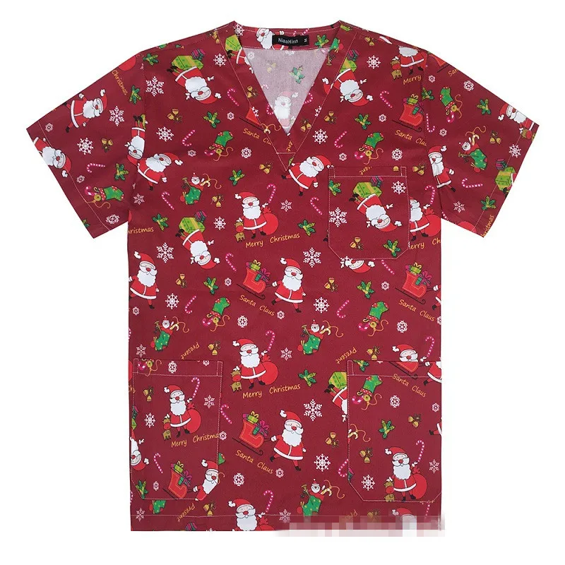 QH Christmas women printed 100% cotton uniform suit pattern nursing top Christmas scrubs