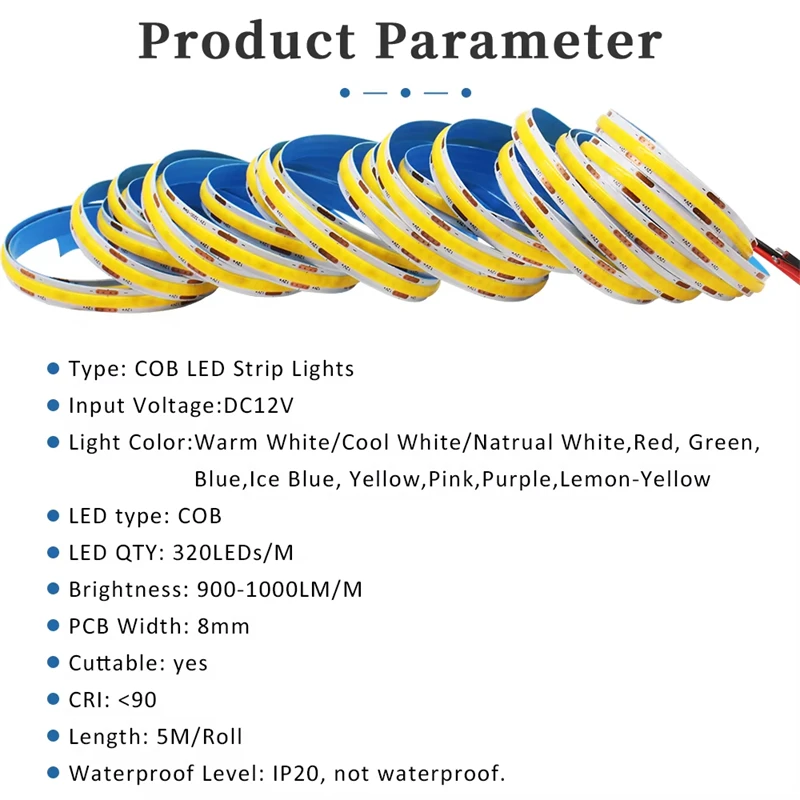 High Quality flexible cob led strip 24v High Density 8MM 12v 320LED Red orange golden green blue purple pink ice blue