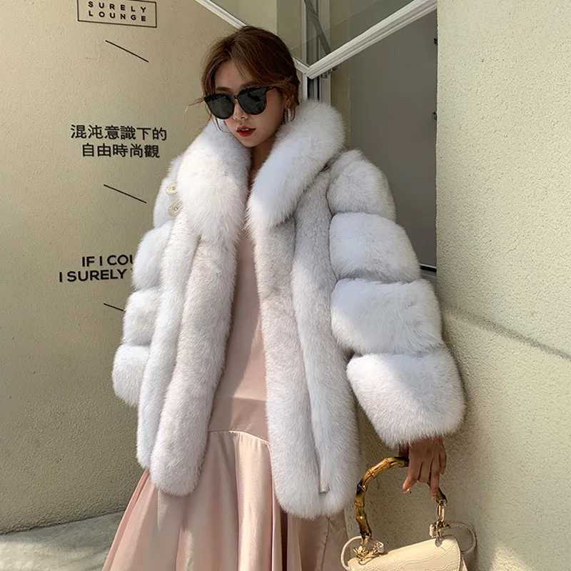 2022 New Arrivals High Quality Italian Classic Style Stand Collar Natural White Real Fox Fur Coat Women