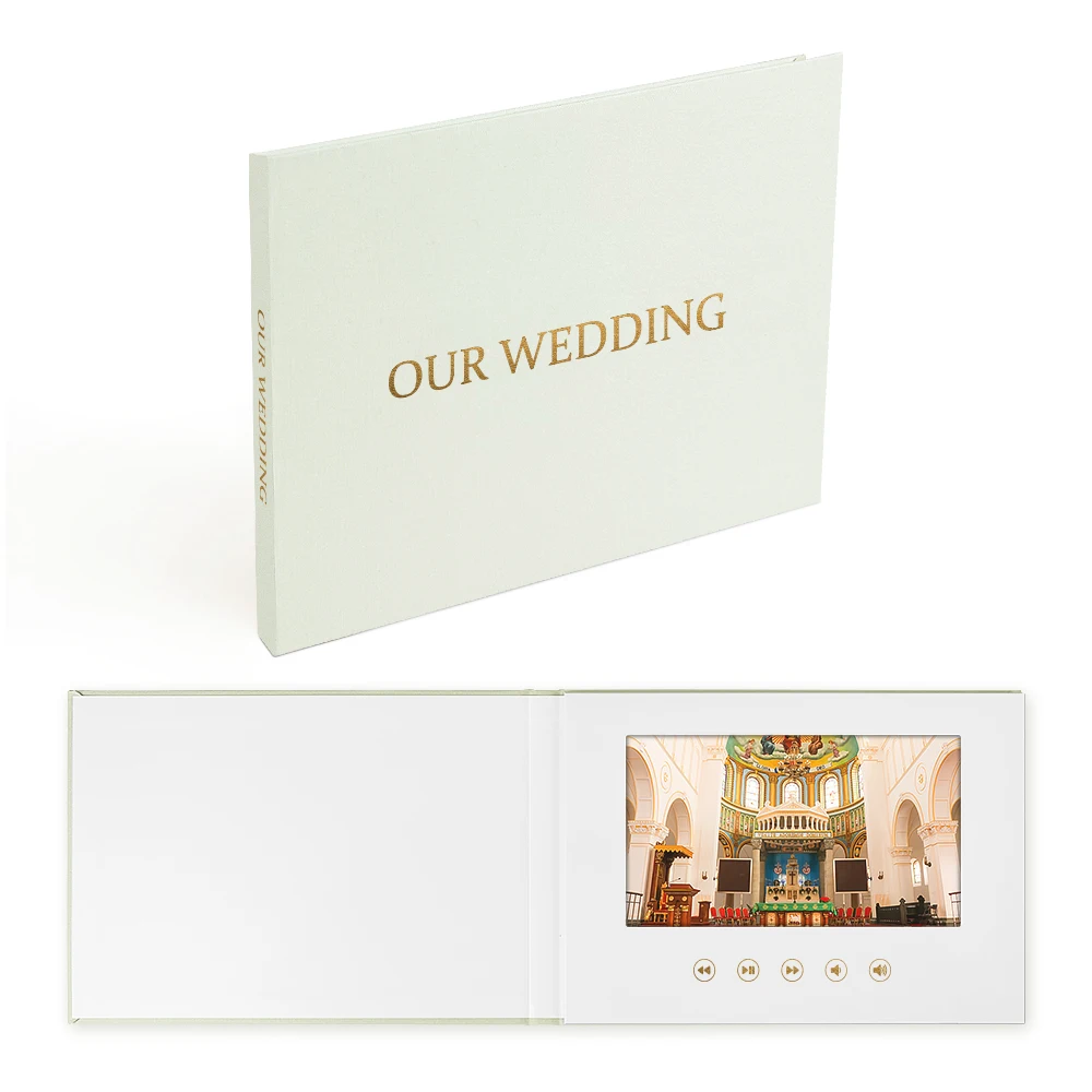 OUR WEDDING GOLD FOIL wedding video book with 7 inch IPS wedding card invitation linen-bound memory video brochure