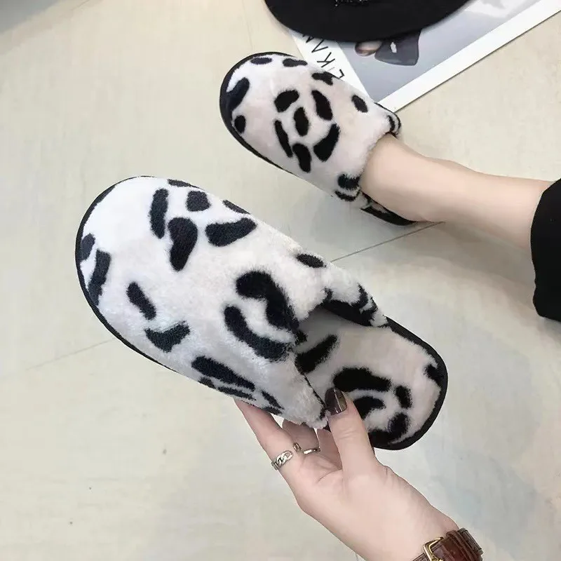 Popular Women Home Fur Slipper Leopard Pattern Autumn Winter Indoor Fluffy Sandals Non-skid Slides Plush slippers