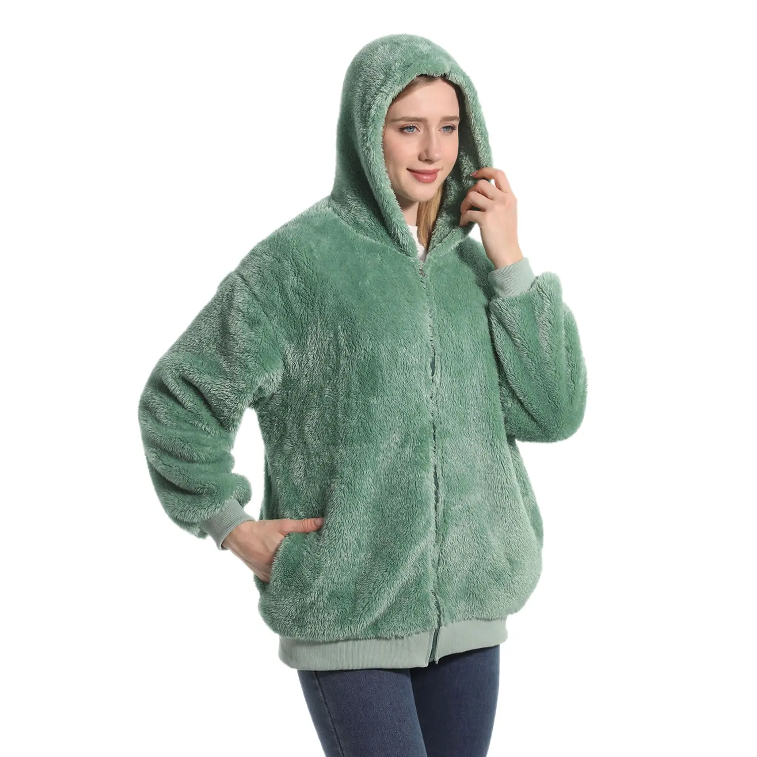 AIMINYZ Wholesale 2023 High Quality Winter Warm Plush Hooded Pure Sweater Soft Adult Short Zipper Shu Veleteen Leisure Coat