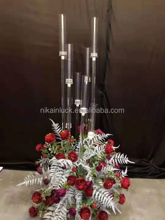 Wholesale 8 Arms Long Stemmed Glass Tube Vase Crystal Candle Holders Wedding Table Centerpieces Candelabra