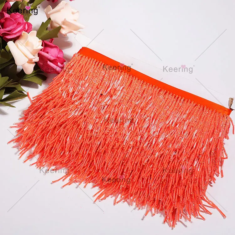 Keering Hot-selling 10-13cm In Stock Colorful Decorative Beaded Fringe Trimming Orange Beaded Trimmings For Sewing