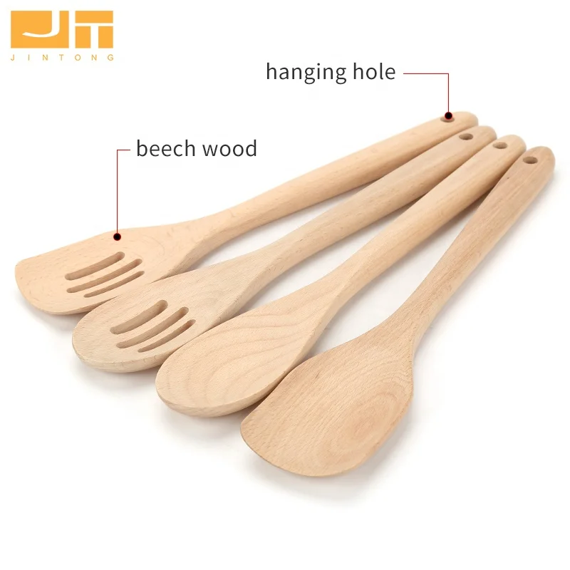 Premium Beech Wooden Cooking Set 4Pcs With Hanging Hole Natural Color Turner Spoon Slotted Spatula For Kitchen