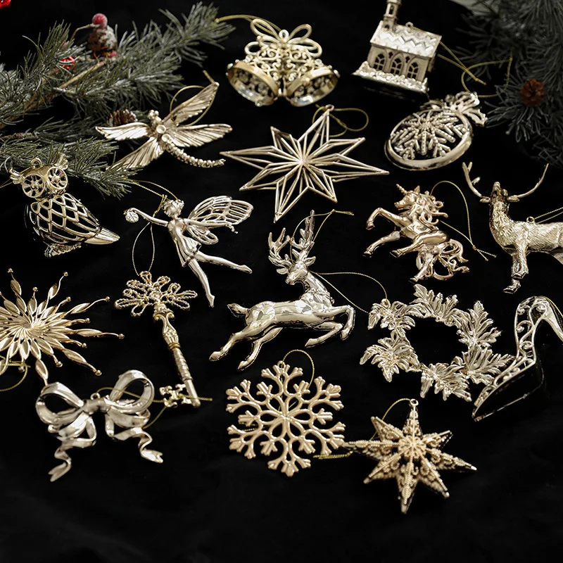Hanging christmas plastic pendant gold Snowflakes Elk Angels Butterflies Christmas Trees christmas tree pendant ornaments