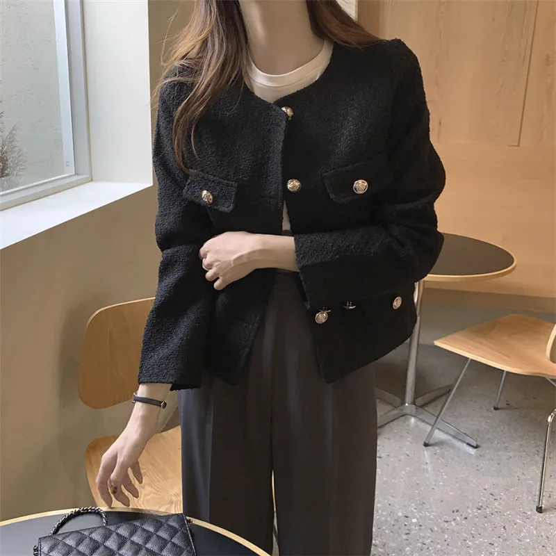 Korean Women Simple Woolen Coats Casual Plain Suit Lady Winter Buttons Cropped Blazers Coat Jackets