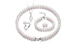Women Fine 8-9mm Real Freshwater Pearl Necklace Bracelet Earring Pendant Ring Pearl Jewelry Sets
