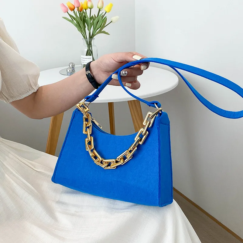 Z204 Fashion Casual Felt Shoulder Underarm Bag for Women Crossbody Tote Purse Shopping Bag Messenger Satchel With Metal Chain