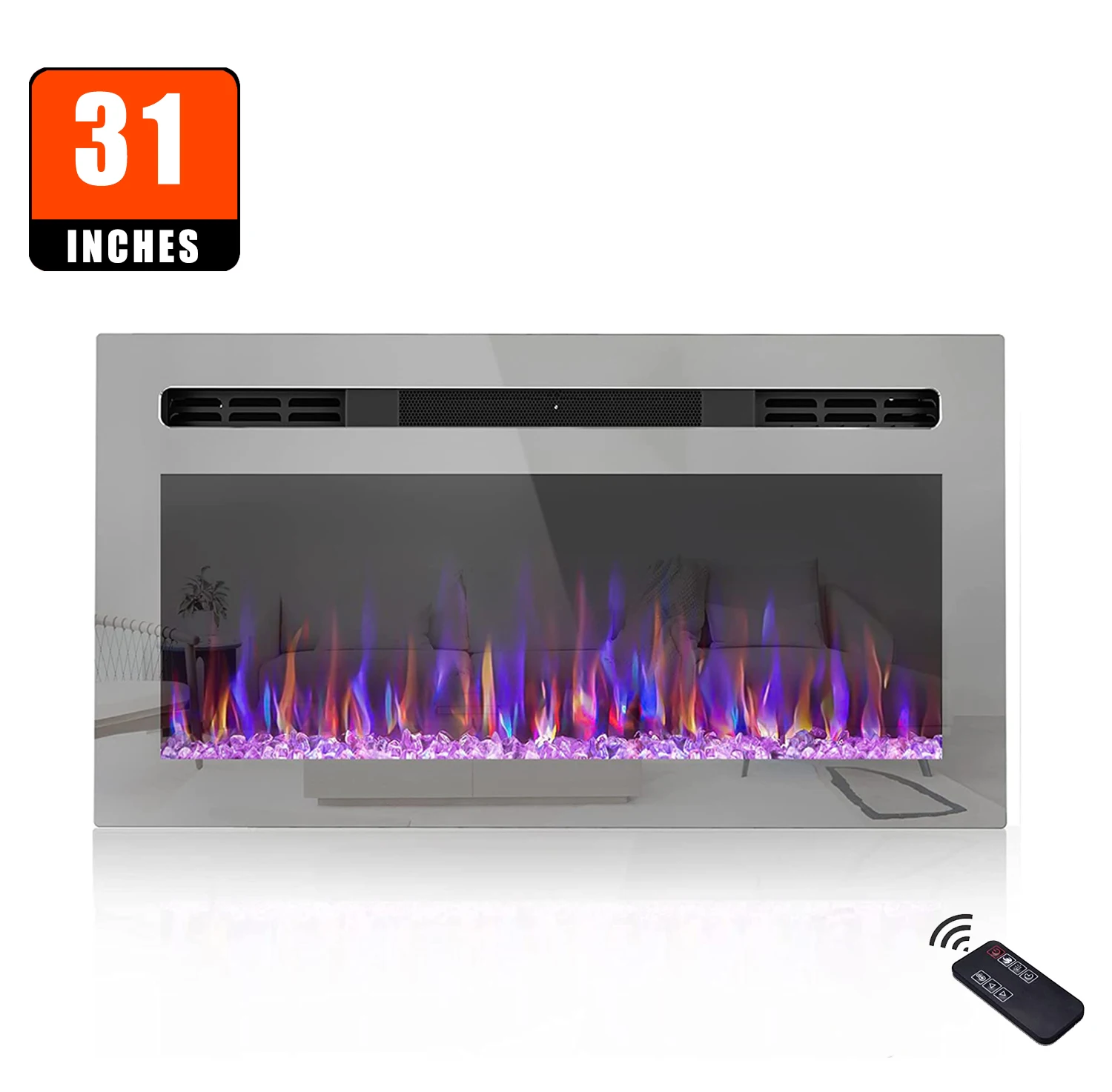 31-Inch Realistic Flame Electric Fireplace Heater Wall Mounted Log Set TV Stand Remote Control for Household Use
