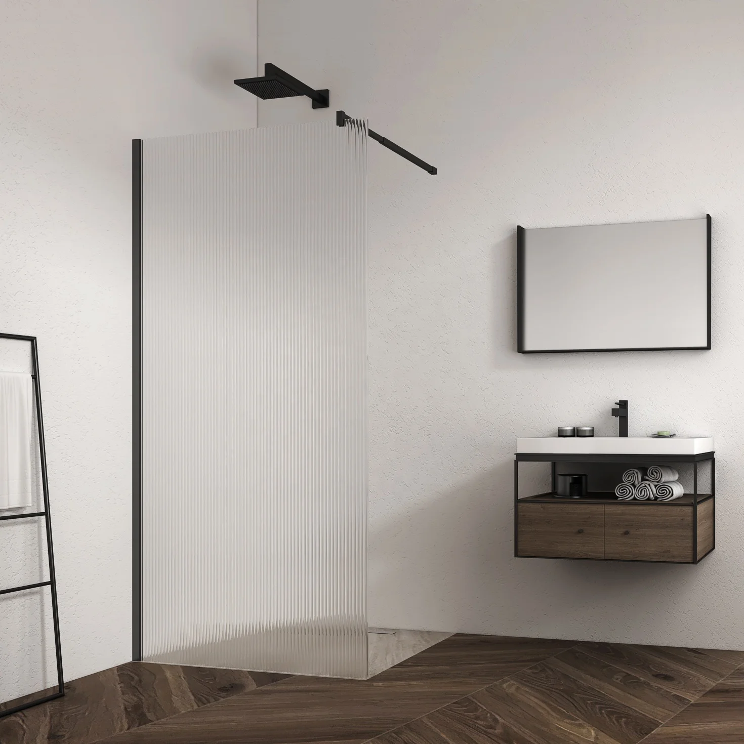 Exceed Modern Tempered Ribbed Glass Walk In Bathroom Shower Enclosure Shower Door