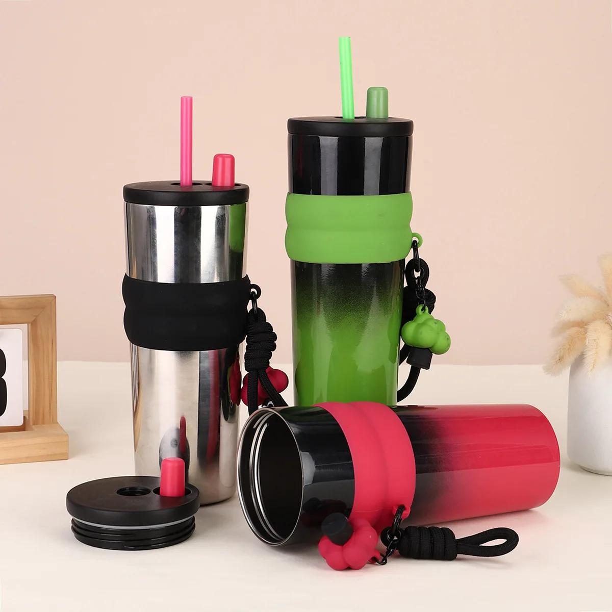710ml 316 Stainless Steel Large Capacity Thermos  Insulated Vacuum Cup Portable Rope Coffee Tumbler Mug Cup With Straw