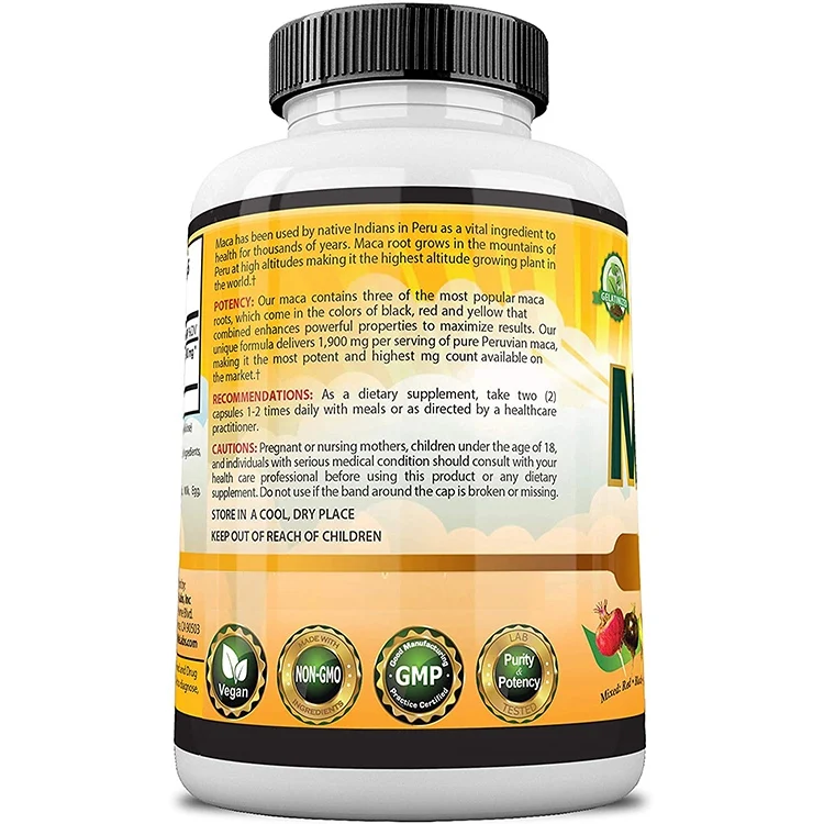 Organic Maca Root Powder Capsules 1500 mg with Black Red Yellow Peruvian Maca Root Extract Supplement for Men and Women