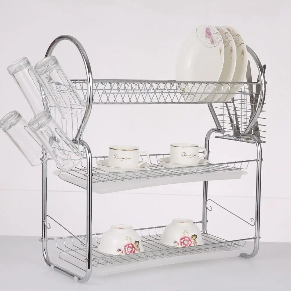 
silver color 3 Tier Kitchen Dish Rack Cup Drying Rack Drainer Dryer Tray Cutlery Holder Organizer 