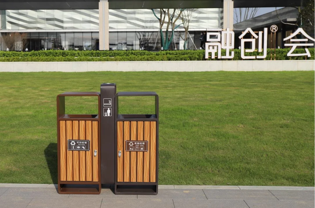 Outdoor Recycling Trash Can with Durable Litter Bin Plastic Wood Outdoor Double waste bin with ash try