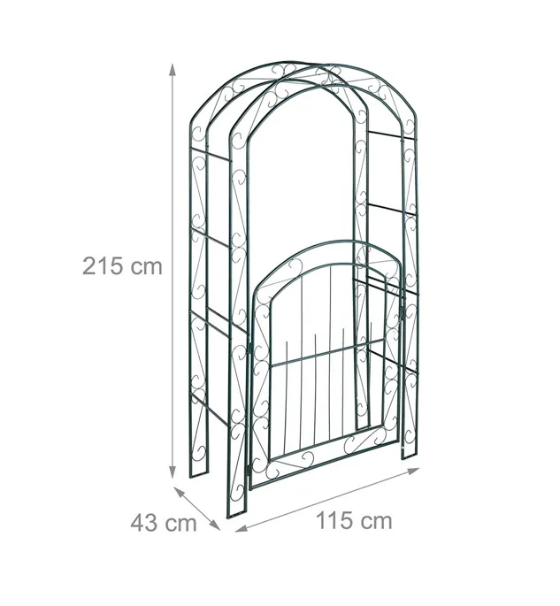 Scandinavian vintage metal garden arch with door, outdoor garden plant climbing frame arch