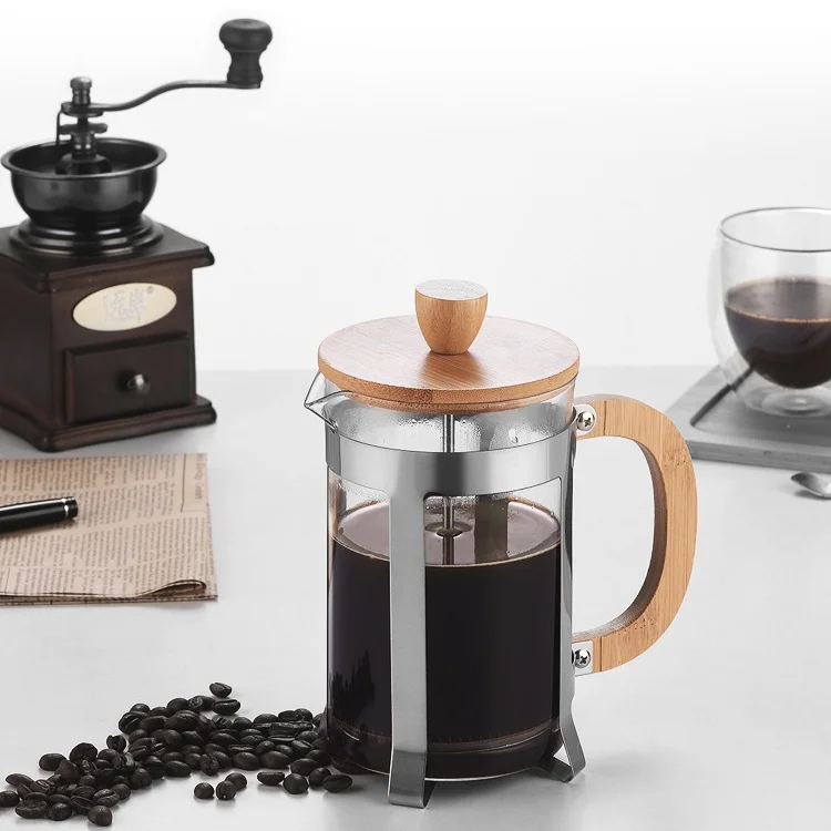 Французский пресс для кофе с бамбуковым деревянным боросиликатным стеклом приготовления и чая фильтром из нержавеющей стали