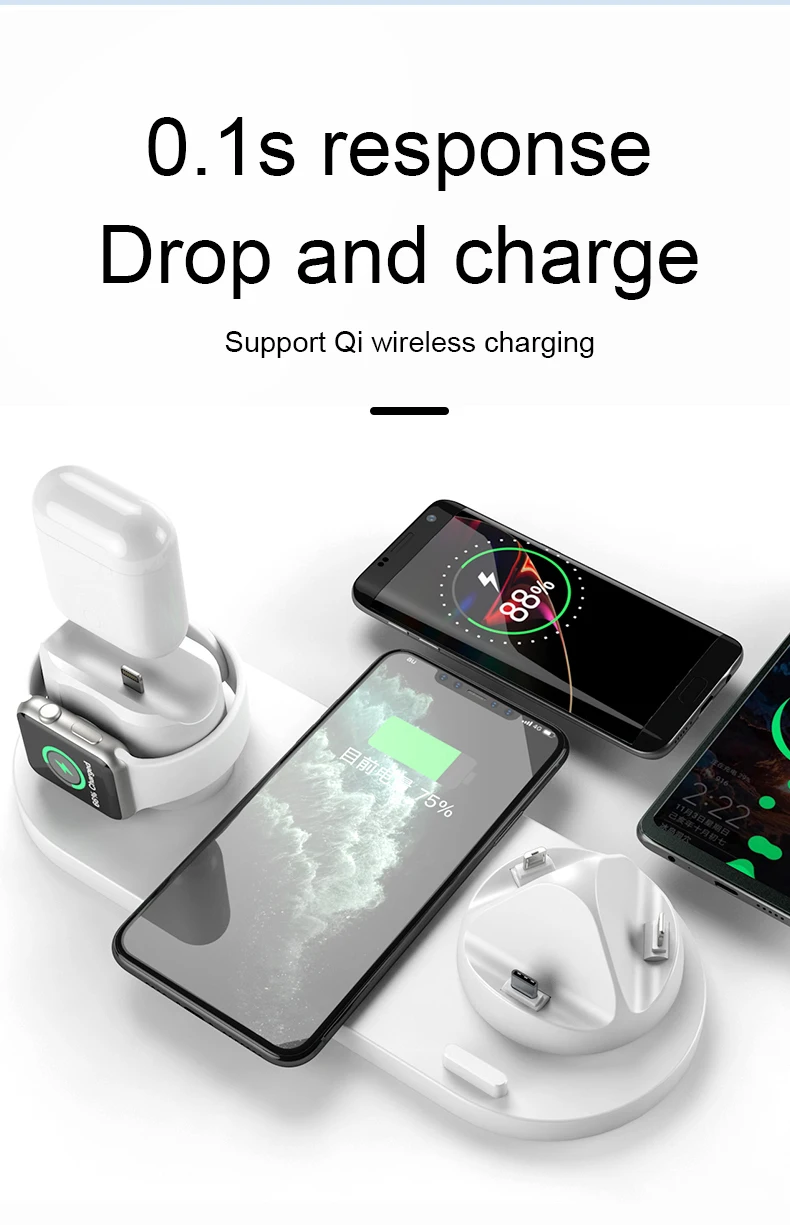 Hot Selling QI Fast 6 in 1 Charging Station Phone Wireless Charger Custom Logo For Iphone  For IPhone