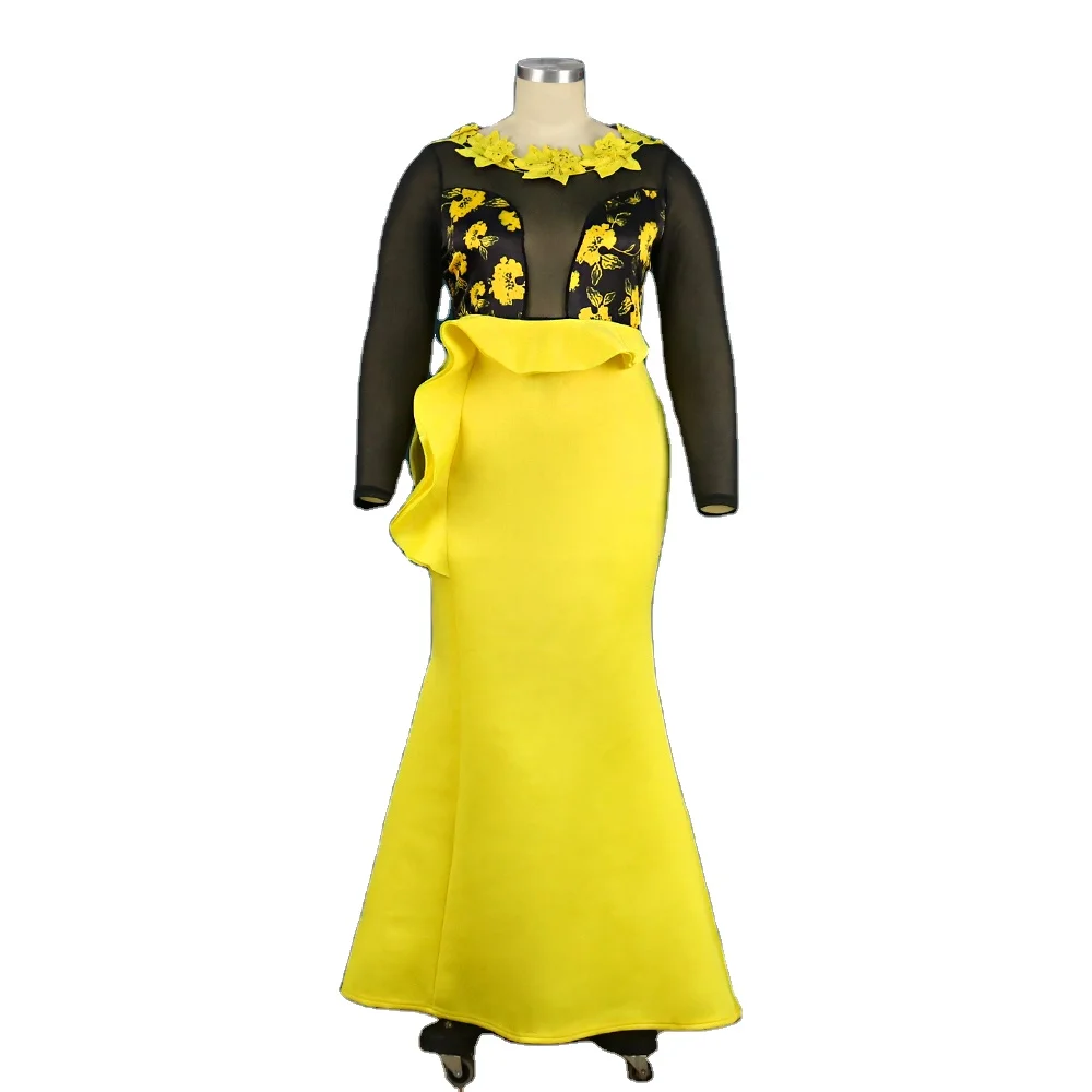 2024 New SBM High Waist Mesh See Through Ruffled Patchwork Maxi Lady Evening Dress