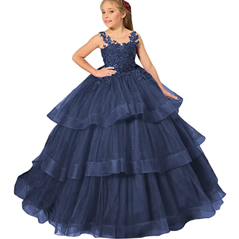 Backless Flower Girl Party Dress Customized Puffy Ball Gown Elegant Kids Wedding Dresses with Applique Tulle Fabric Sleeveless
