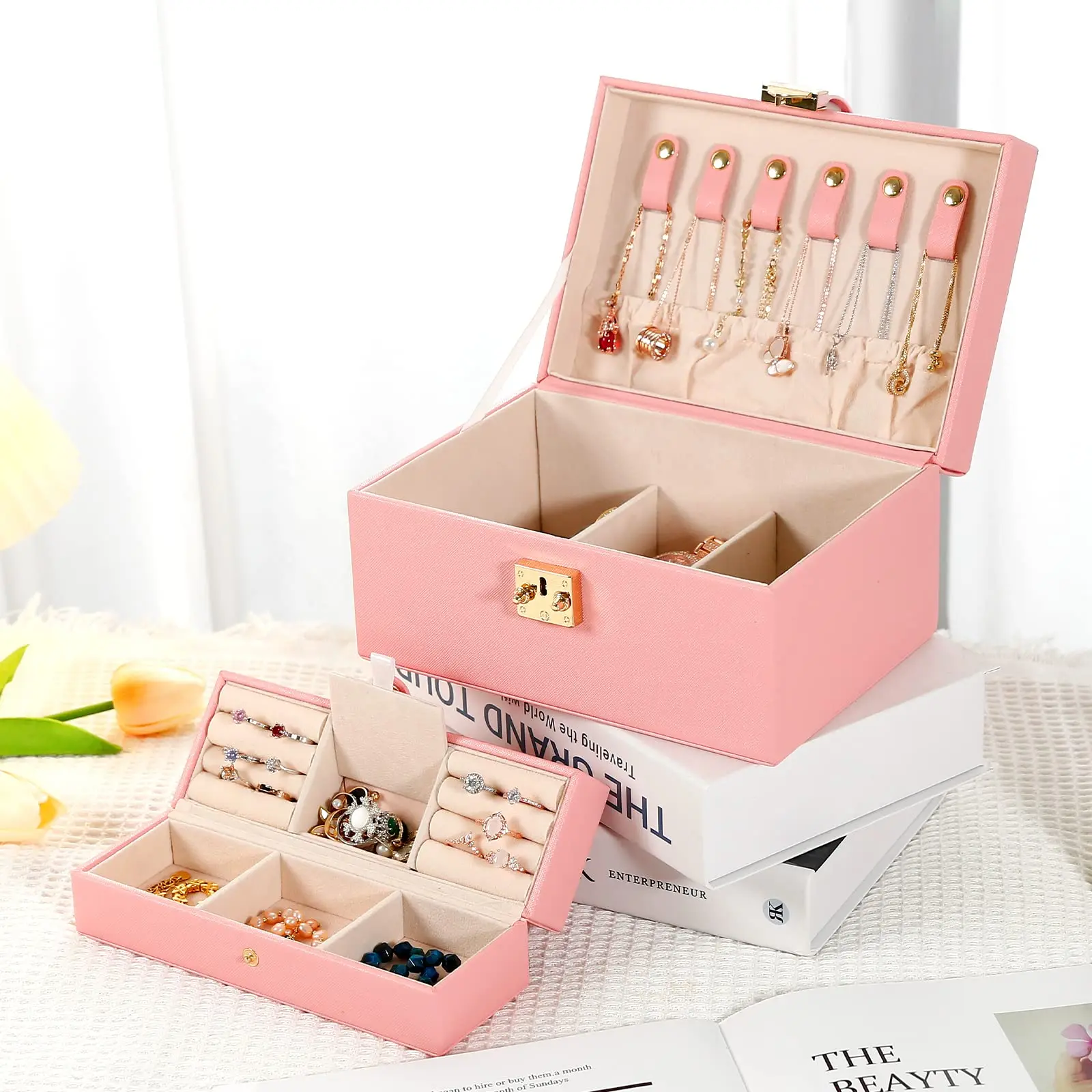 Jewelry Boxes Organizer for Women Girls Wife 2 Layers PU Leather Display Jewellery Holder  Removable Portable jewelry Case