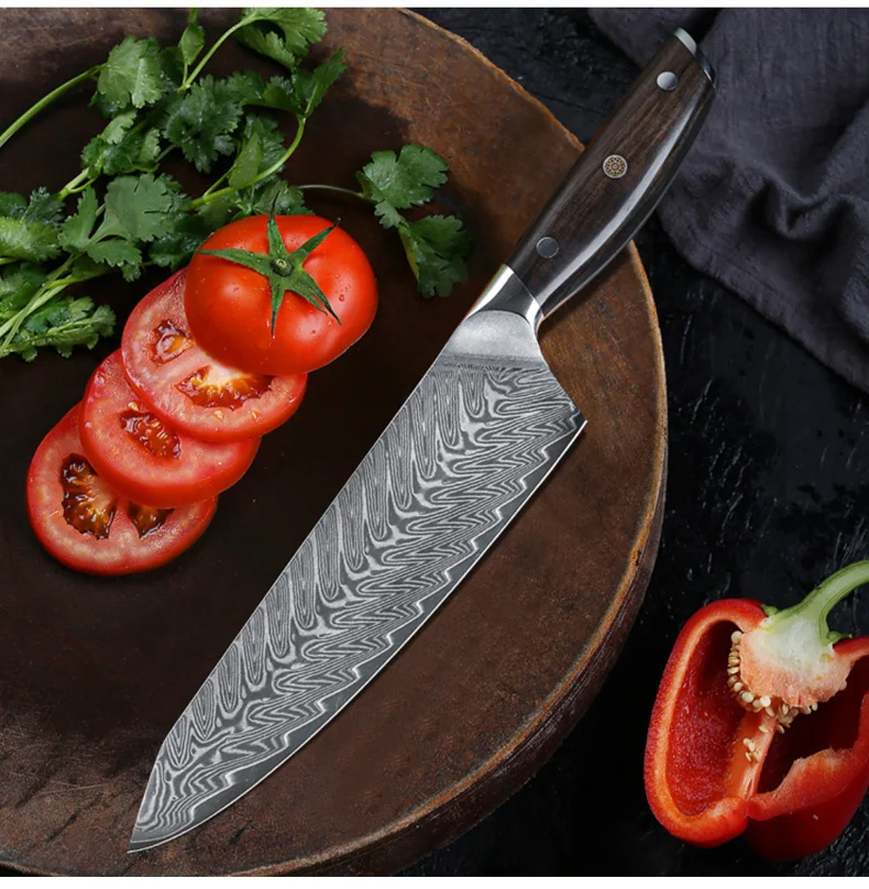 High Quality 8 Inch VG10 Damascus Steel Chef Knife with Ebony Wood Handle Carbon Steel Kitchen Knife
