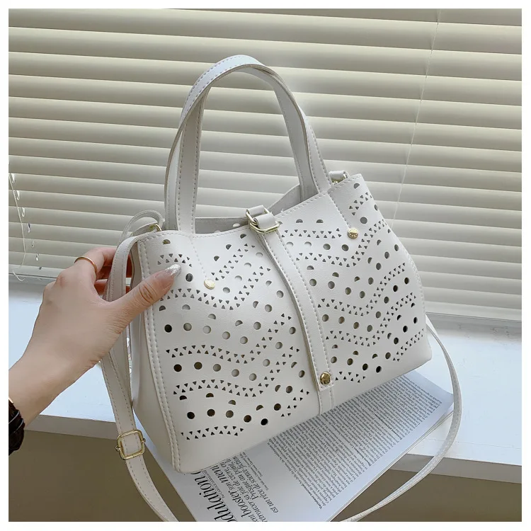 Fashion Summer Women Hollow Out Casual Tote Lady Composite Handbag Black White Shoulder Bag Plain Handbag