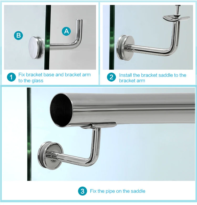 Wall Mounted Handrail Bracket Connector Alloy Inox 304 316 Stainless Steel Tempered Glass 8-16mm Satin or Mirror or Chromed