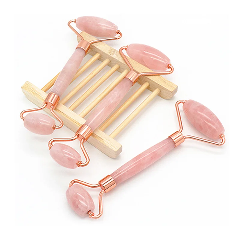 Pink Rose Quartz Stone Crystal Jade Facial Beauty Face Massage Roller Gua Sha Set Jade Roller