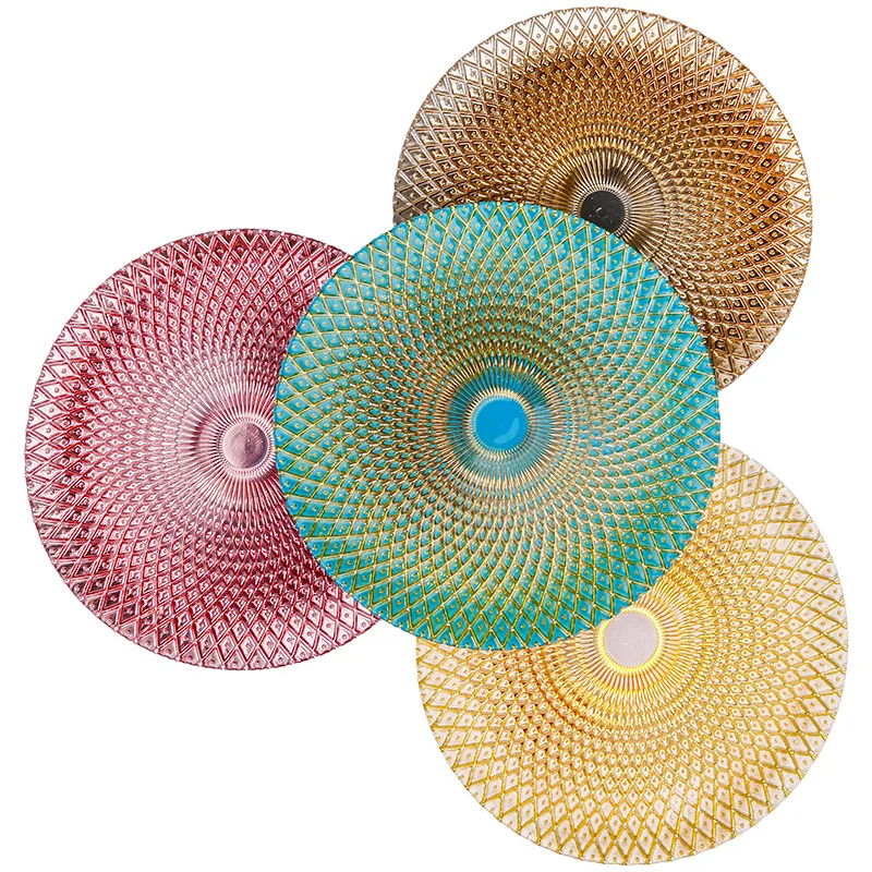 2024 Nordic Electroplating Pineapple Textured Round Plate Dining Plate Glass Tableware Western Steak Salad Glass Plate