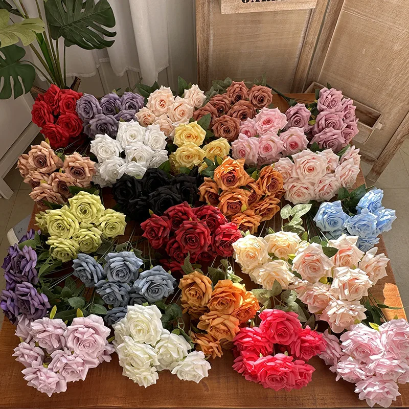 Hot Sale Silk Rose Wedding Flower Bouquet Bulk 9 Heads Silk Rose Bouquet Flowers For Bridal