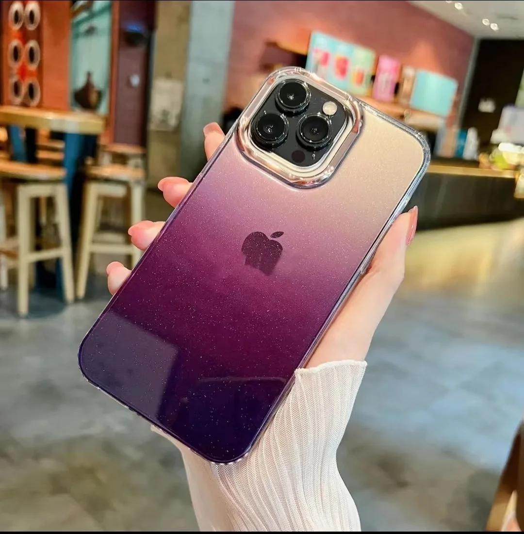 New Lens Protective Gradient Glitter Bling Transparent TPU Hard PC Phone Case Cover For iPhone 15 15 Pro 15 Pro Max