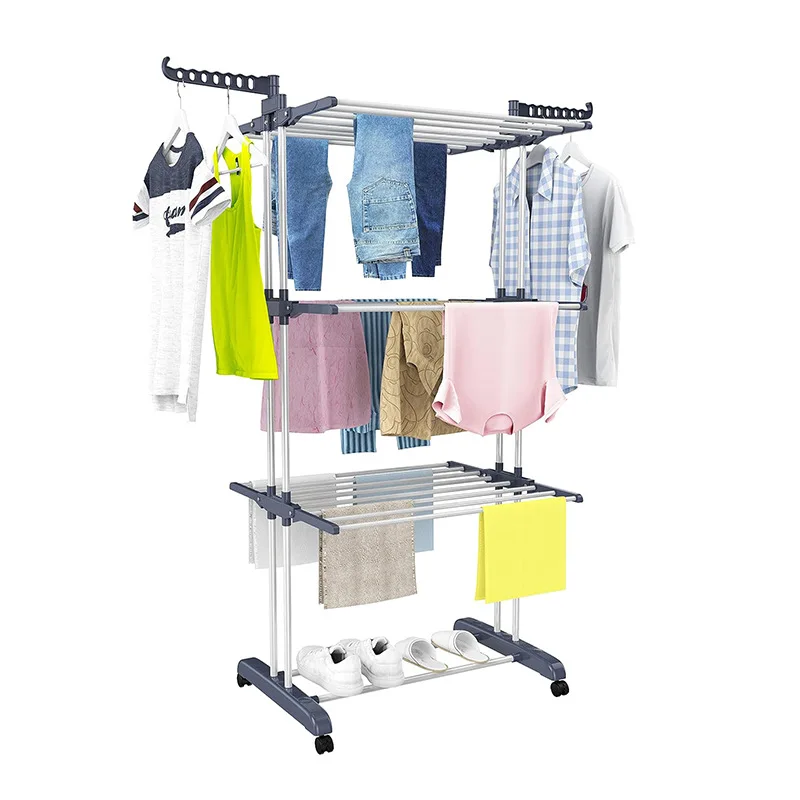 3-Tier Retractable Clothes hanger Foldable Plastic Dryer Rack Tube Metal Clothes Hanging Laundry 3 Tier Retractable