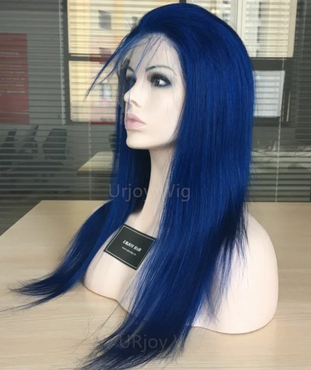 Blue Color Silk Straight 100 Human Hair Brazilian Virgin Hair Celebrity Wigs Lace Front wig for Black Woman Free Shipping